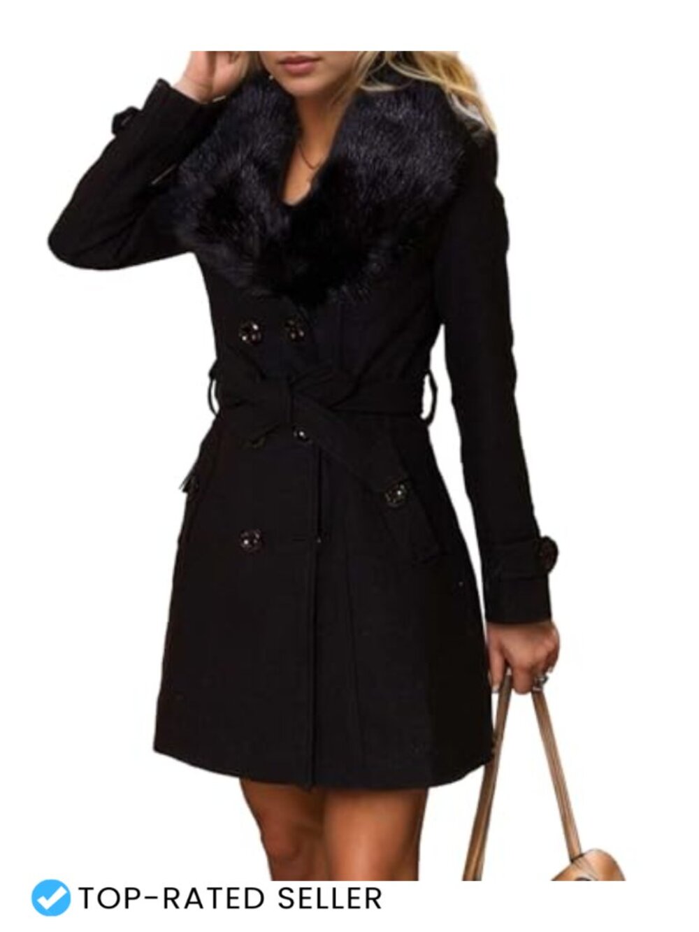 Womens Faux Fur Trench Coat Double Breasted Belted Wool Blend Peacoat